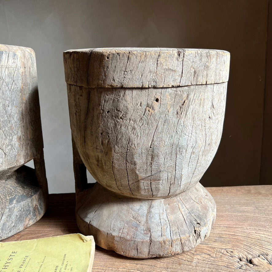 Antique wooden mortar bowl