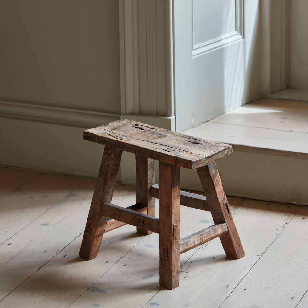 Antique rustic wood footstool
