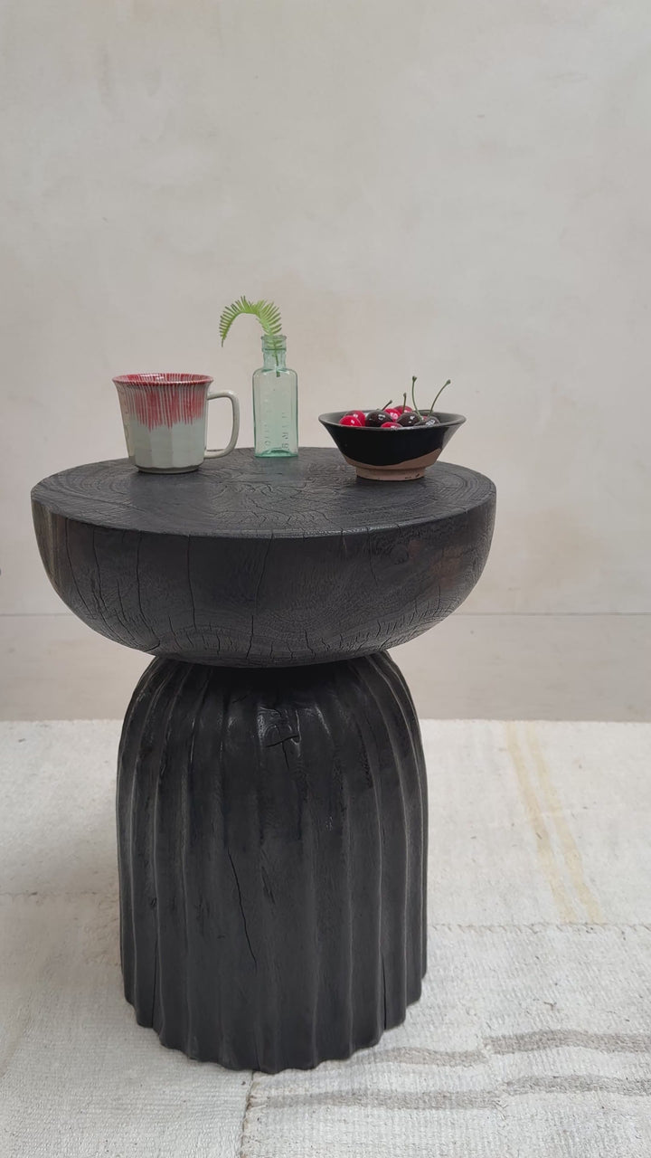 Round wooden side table | Carved