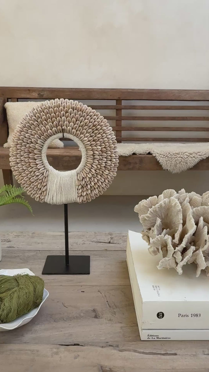 Beaded shell circle on stand | Small