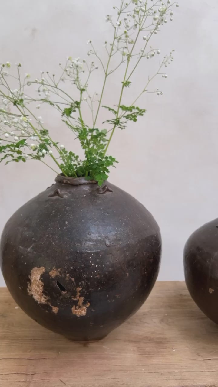 Very large old primitive vessel. Rustic black clay pot. Wabi sabi store pottery planter.