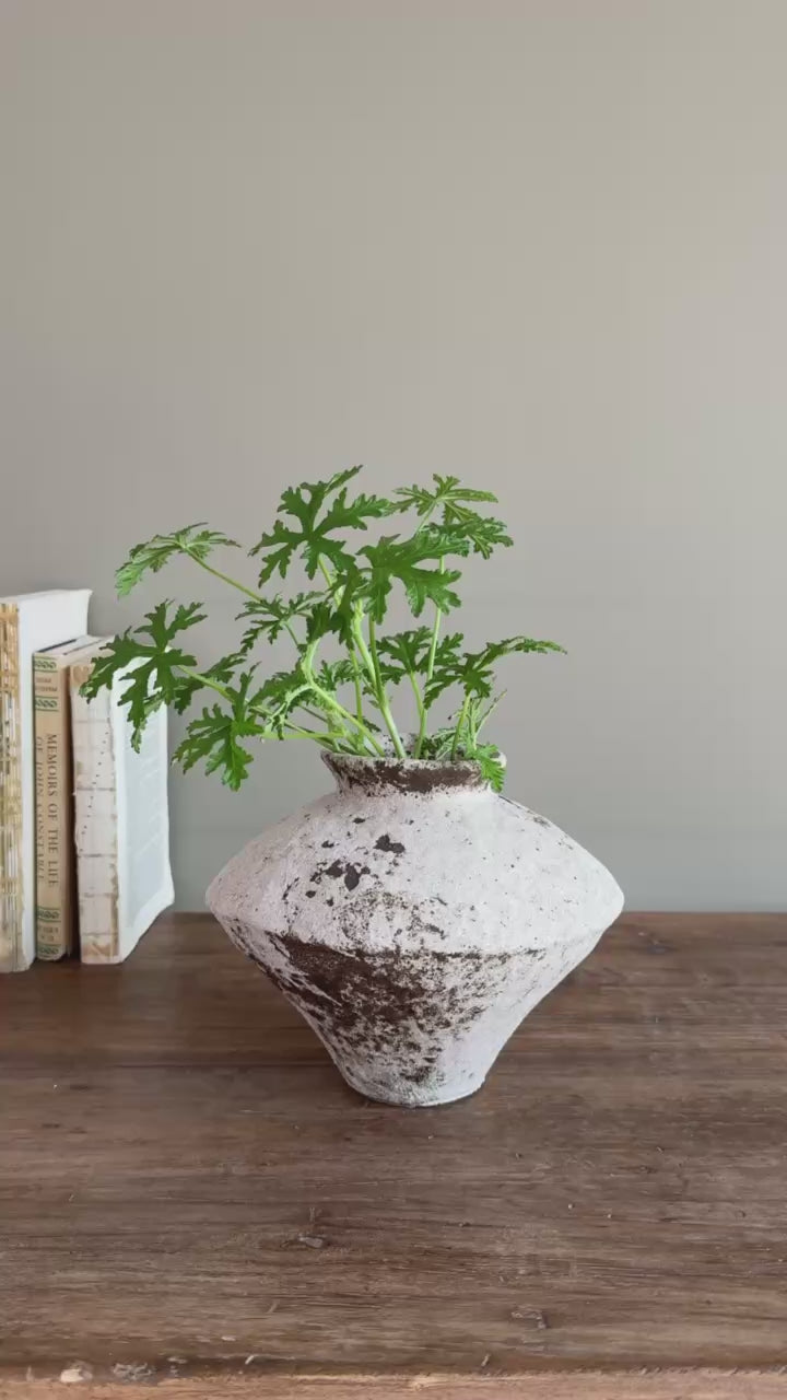 Video of the Rustic Stoneware Decorative Vase styled with faux greenery, showcasing its handcrafted finish and sculptural form from multiple angles.

