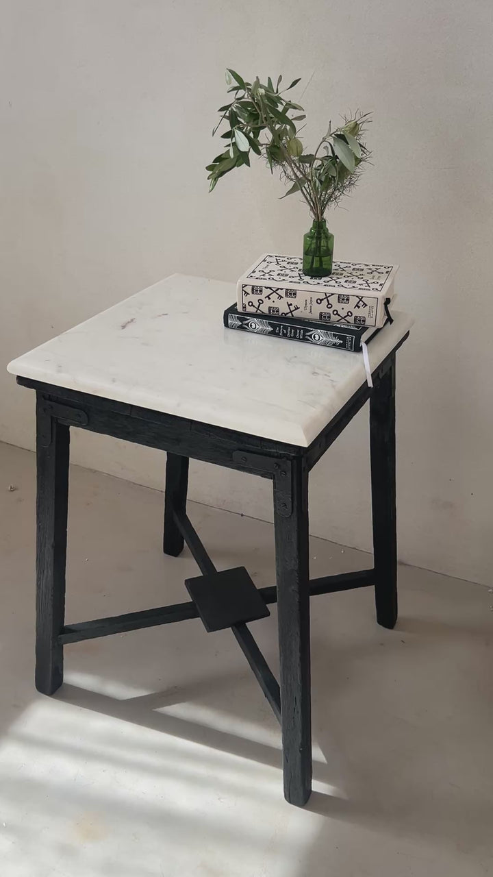 Vintage Polished Marble Top Square Side Table | Arundul