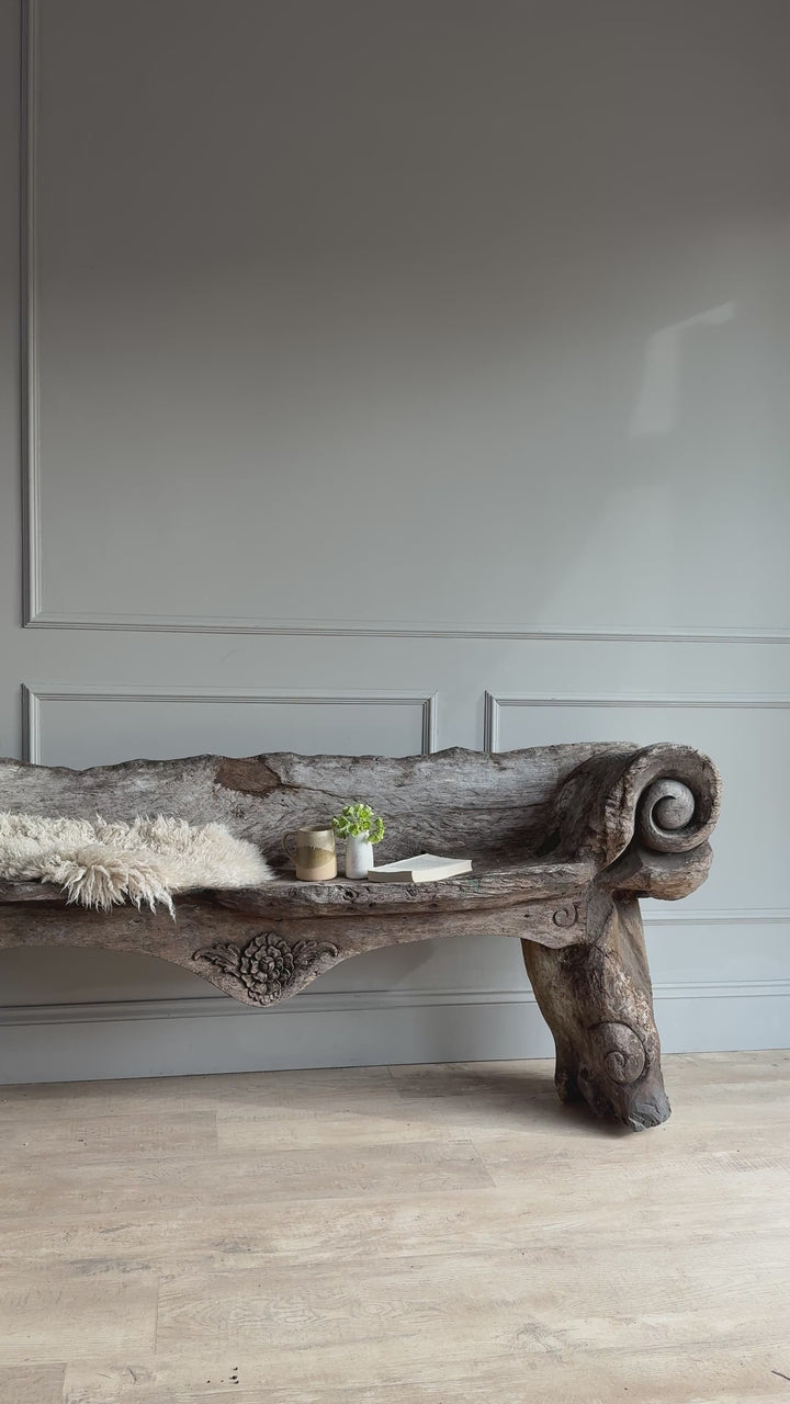 Antique Indonesian weathered carved bench