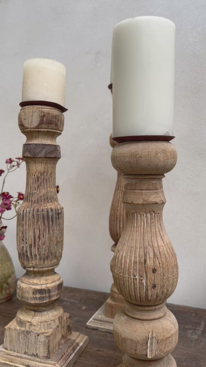 Antique Hand-Carved Wood Balustrade Candlestick Holder
