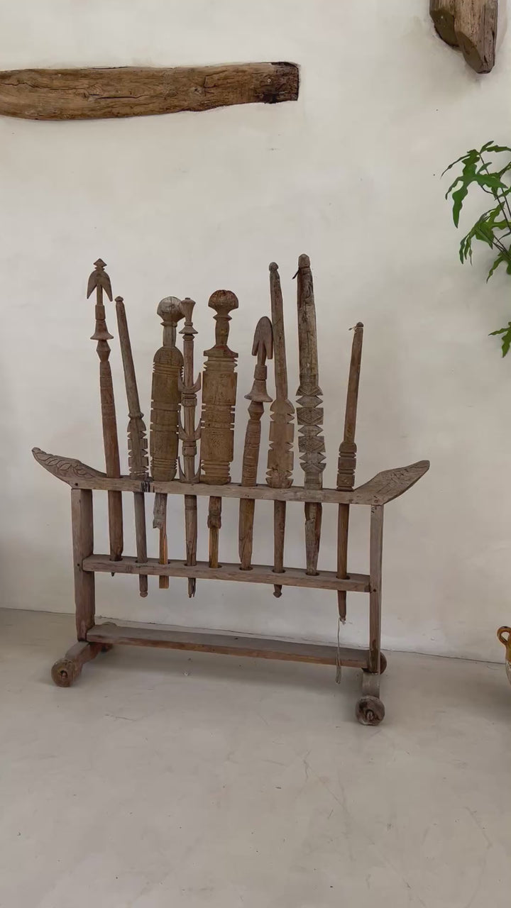 Antique Berber Carved Wooden Tent Peg Collection on Stand