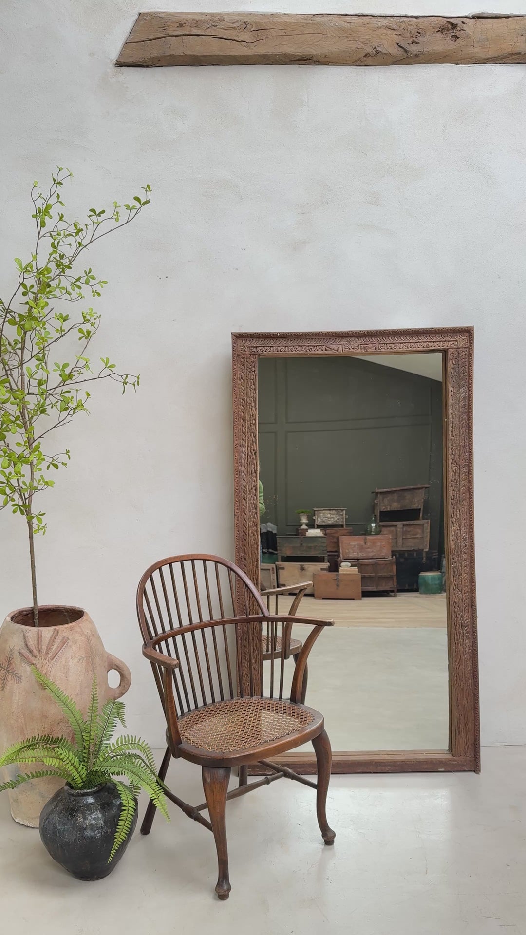 Antique Rustic Hand-Carved Wooden Full Length Mirror