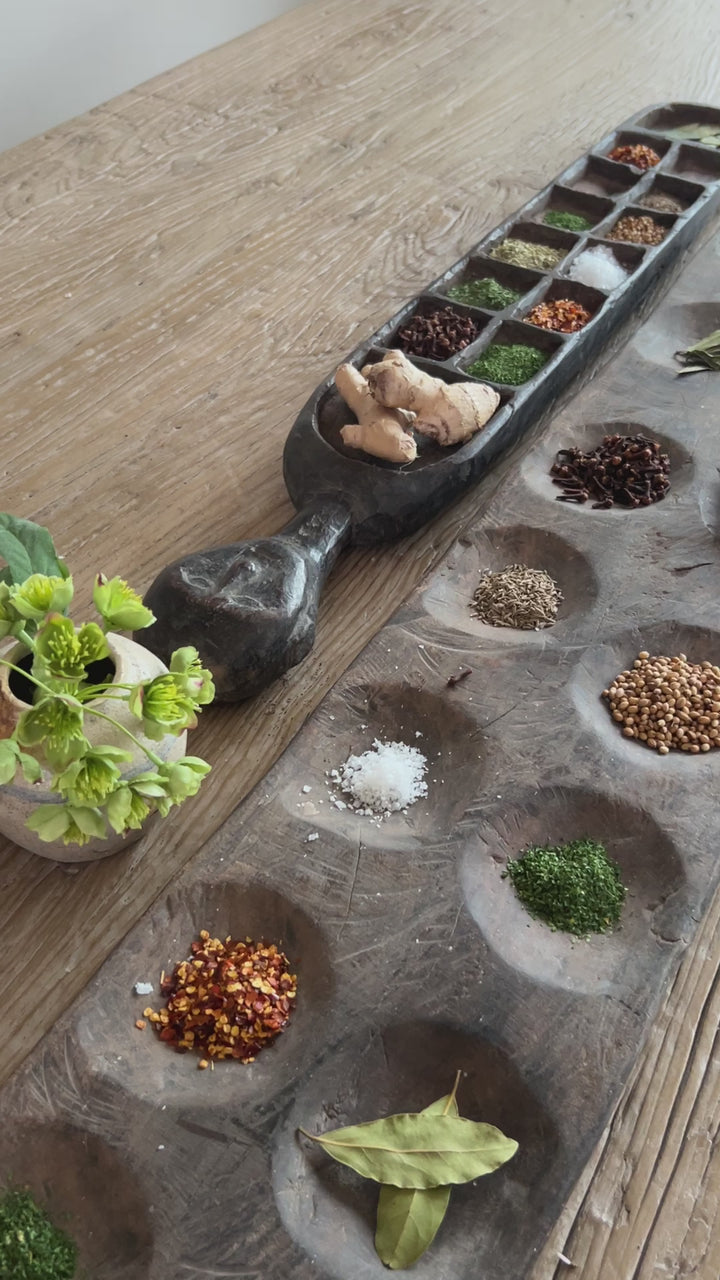 Large Rustic Wooden Spice Tray with Face | Candra