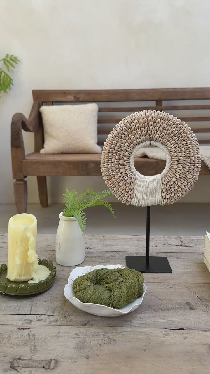 Beaded shell circle on stand | Small