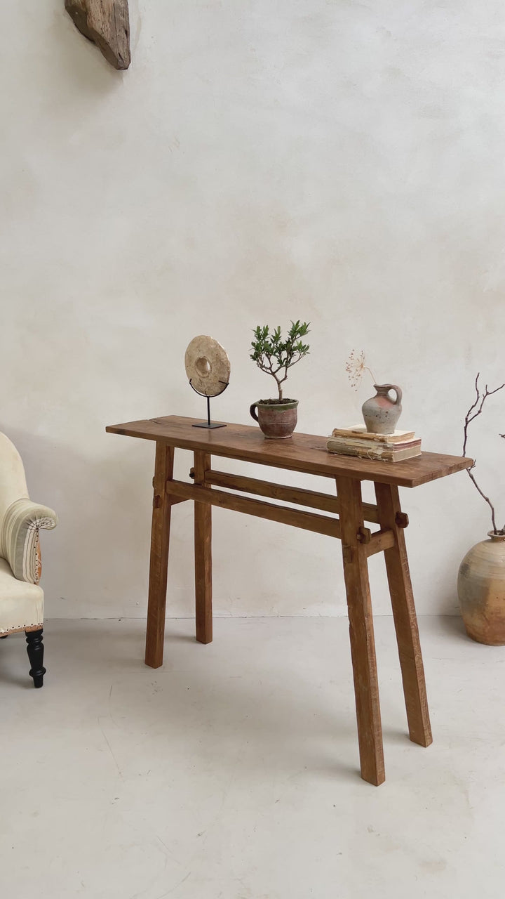 Reclaimed dark wood rustic console table 120x30cm