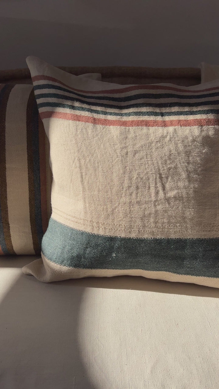 Woven Linen Cushion Indigo & Blush stripes