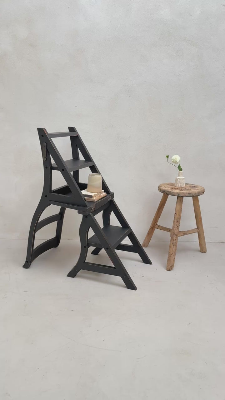 Vintage Black Folding Library Steps Chair
