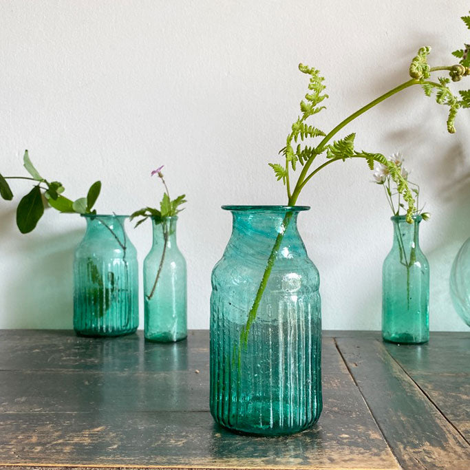 Ribbed Recycled Glass Vase | Aqua