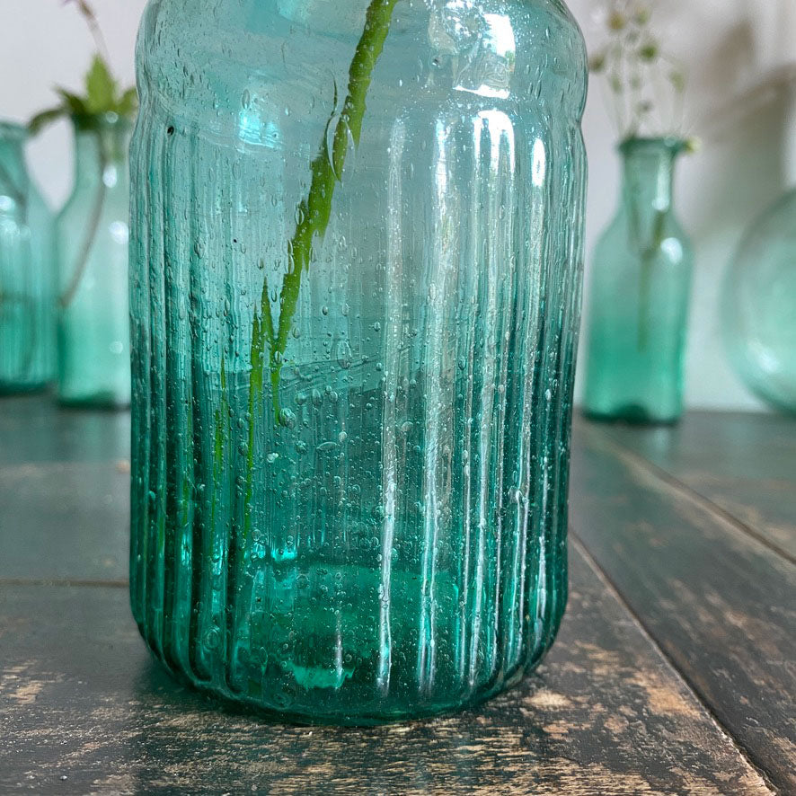 Ribbed Recycled Glass Vase | Aqua