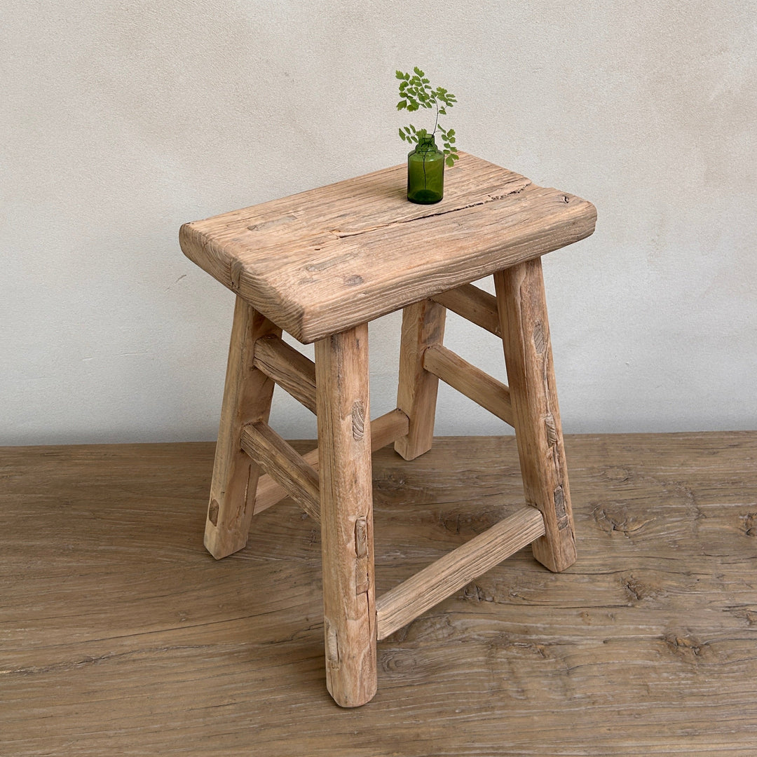 - Rustic reclaimed wood Chatsworth stool showing aged timber grain