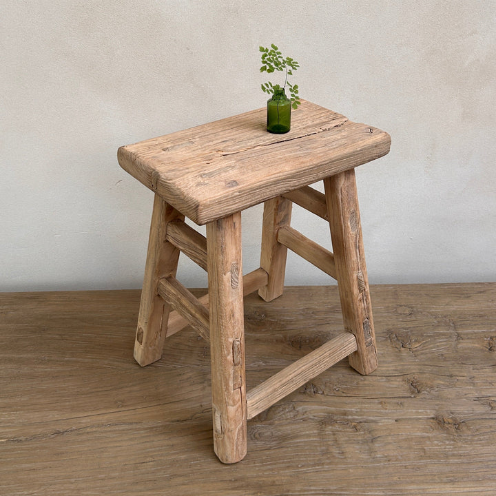 - Rustic reclaimed wood Chatsworth stool showing aged timber grain