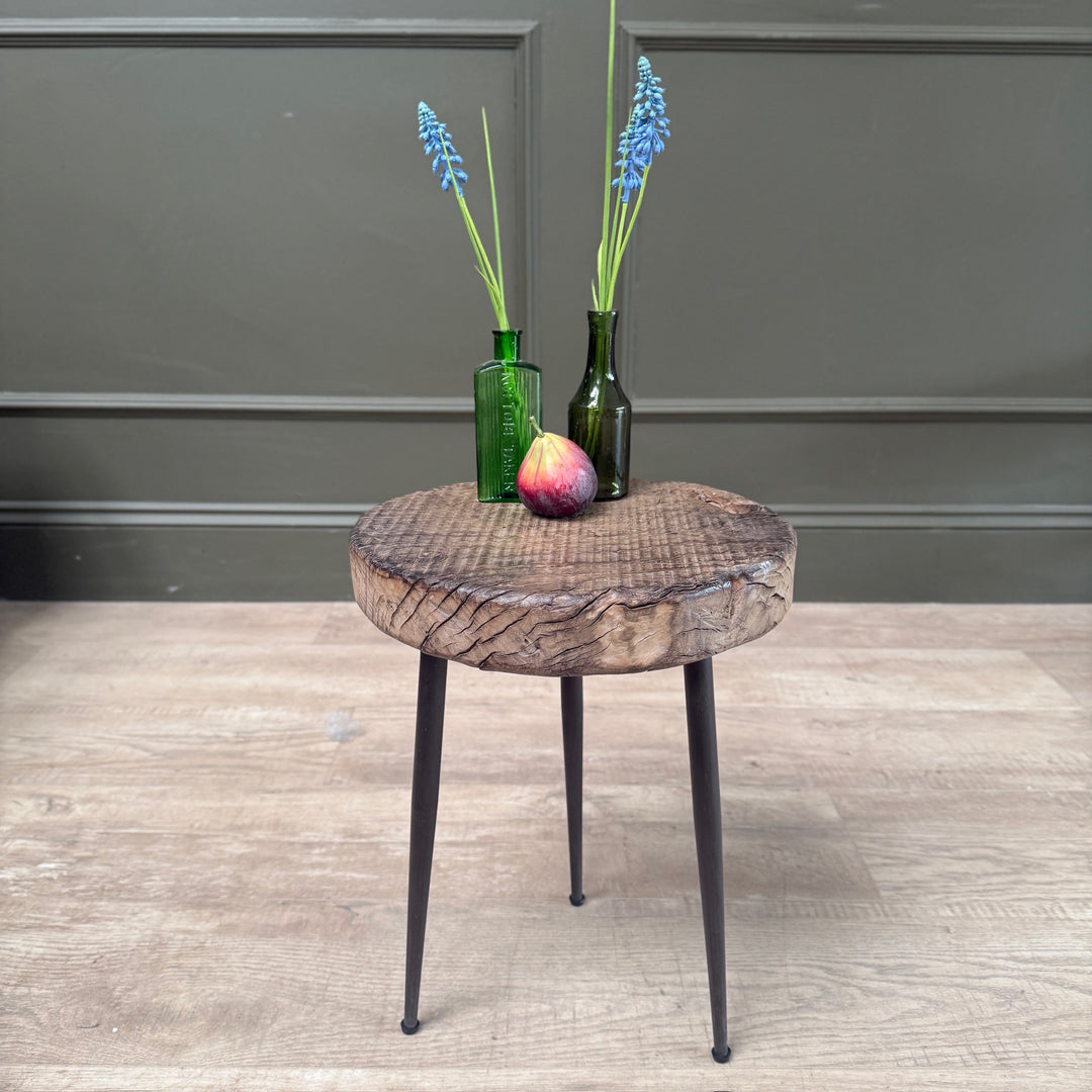 Small Rustic Elm Side Table Eva handcrafted from solid elm with black cast iron hairpin legs.