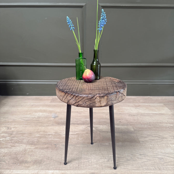 Small Rustic Elm Side Table Eva handcrafted from solid elm with black cast iron hairpin legs.