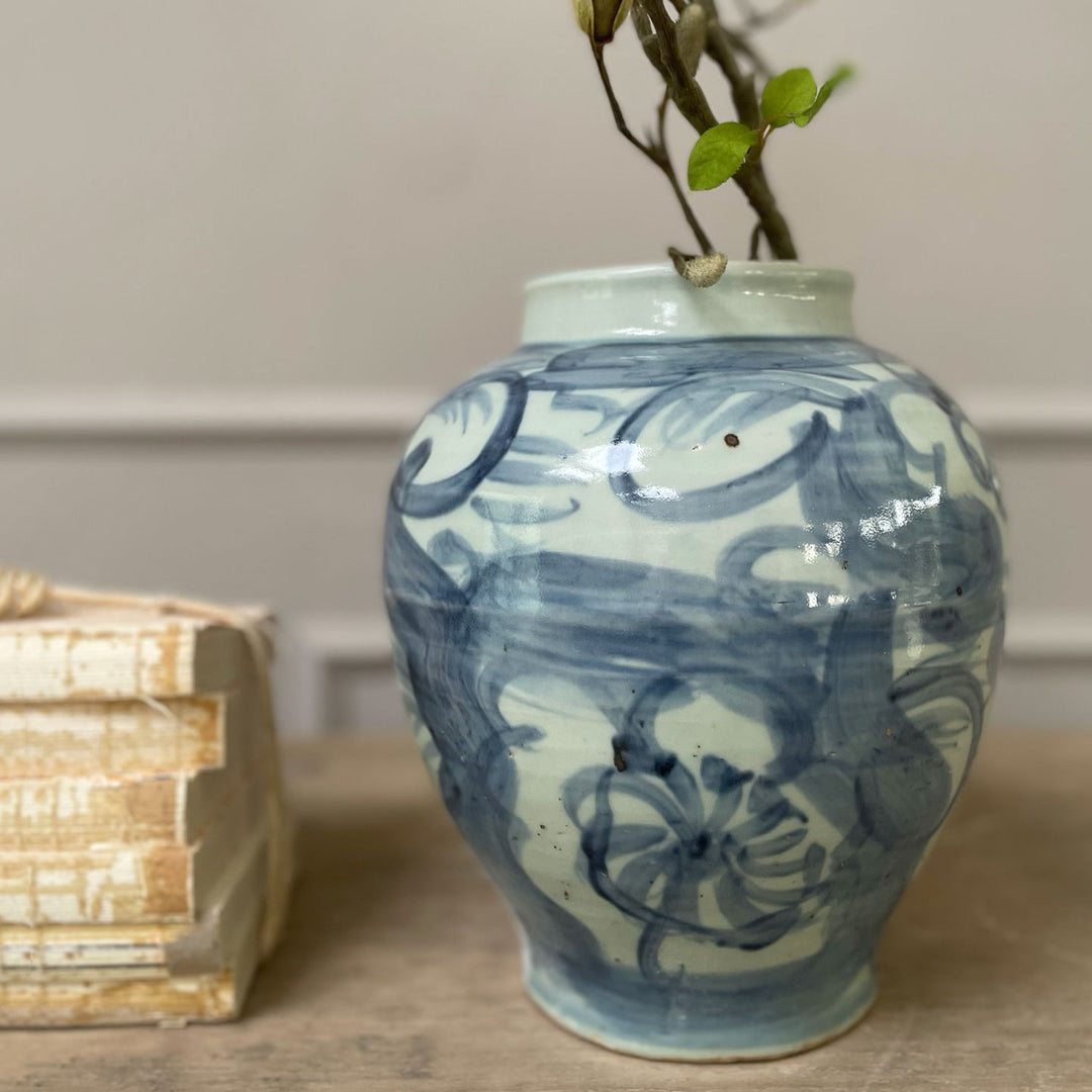 Small floral hand painted vase blue
