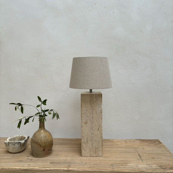 Travertine table lamp with linen shade