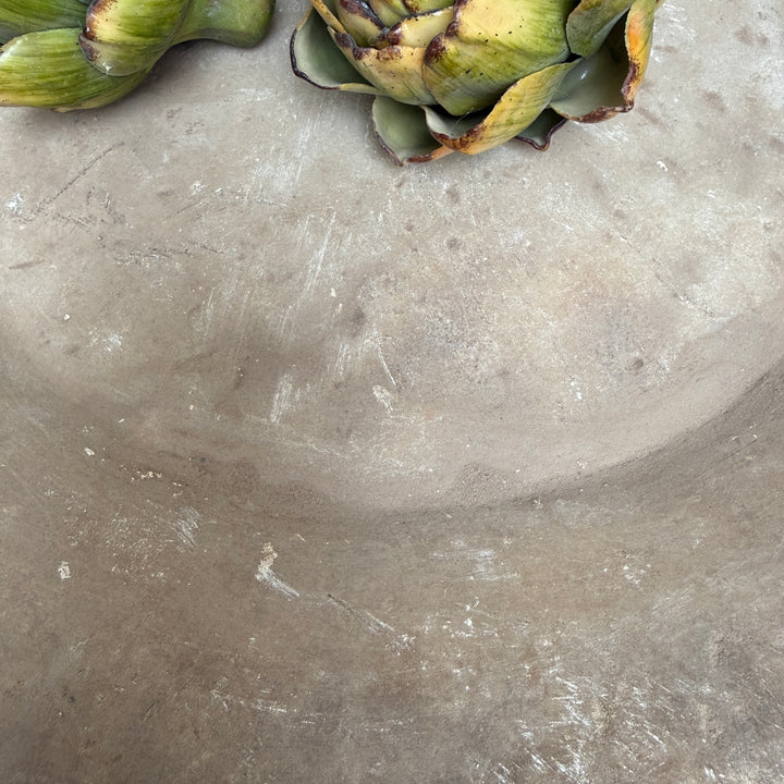 antique indian serving platter surface details featuring fruit and vegetables 